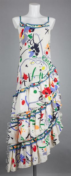 LEONARD vintage ROBE en soie imprimée d'un motif floral, jupe asymétrique étagée...