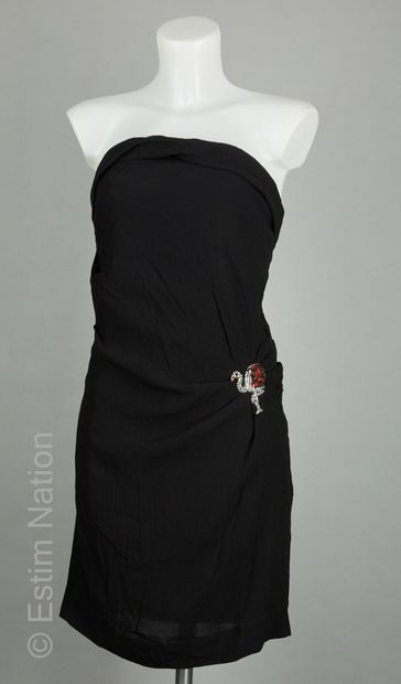 SANDRO ROBE bustier en crêpe noir ornée d'un flamand strassé stylisé (T 2), ROBE...