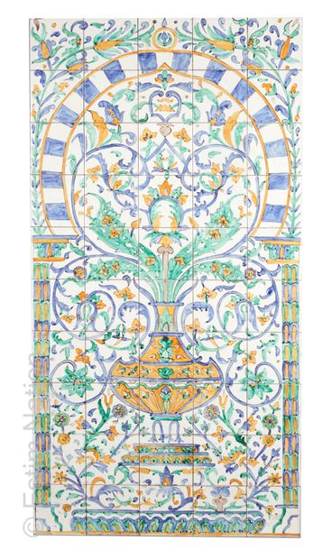 CERAMIQUES - IRAN Decorative panel representing an important flowery vase under an...