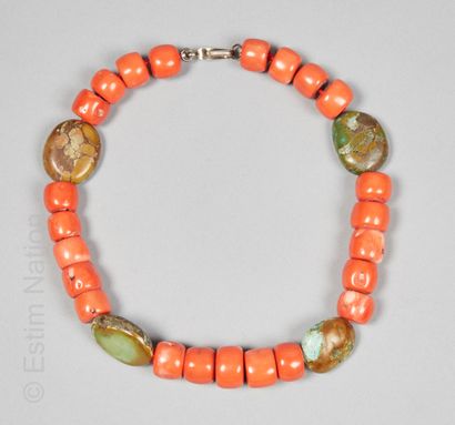 ASIE Necklace made of dyed coral beads and polished turquoise stones. Hook clasp...