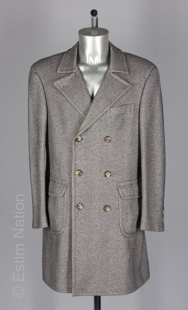 BRUNELLO CUCCINELLI Grey silk and cashmere herringbone coat, notched collar, double...