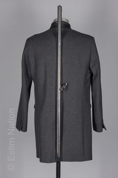 The KOOPLES Coat in grey wool gabardine, leather collar, removable ribbed and quilted...