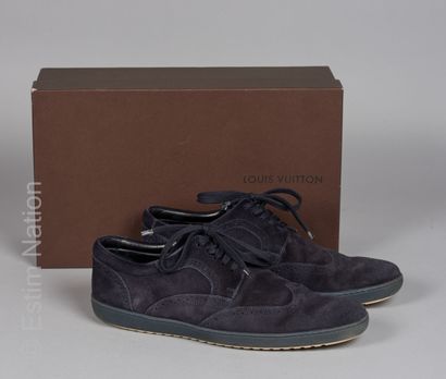 LOUIS VUITTON (2010) PAIR OF DERBIES model "CORCOVADO" in navy skin with flowered...