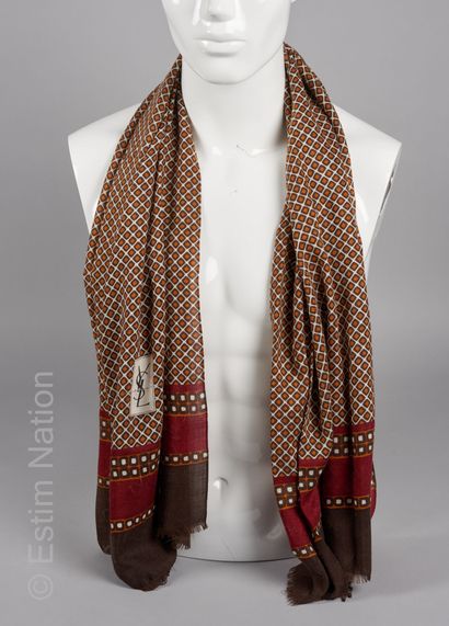 Yves Saint LAURENT fringed scarf with geometric pattern in autumnal tones (signed...