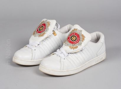 K. SWISS / FAKE LONDON Pair of white leather low SNEACKERS, vamp embroidered with...