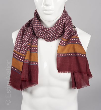 Yves Saint LAURENT ECHARPE fringed in woolen cheesecloth with white and burgundy...