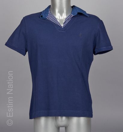 VERSACE VJC Navy honeycomb cotton POLO with striped cotton and viscose collar (T...