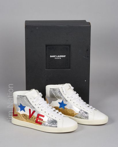 SAINT LAURENT Pair of metallic and white leather SNEACKERS with glitter and "Love"...
