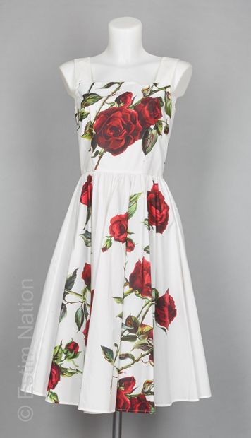 DOLCE & GABBANA ENSEMBLE en coton blanc imprimé de roses : veste mélangée façonnée...