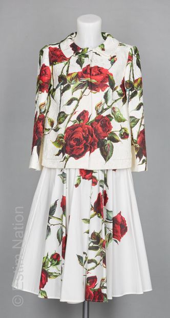 DOLCE & GABBANA ENSEMBLE en coton blanc imprimé de roses : veste mélangée façonnée...