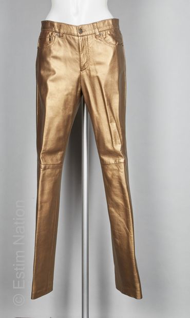 RALPH LAUREN PANTALON en agneau métallisé bronze (T 6 soit env T S)