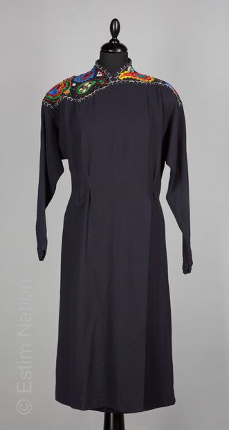 EMMANUELLE KAHN CIRCA 1983/85 Dress in navy wool crepe, shoulders embroidered with...