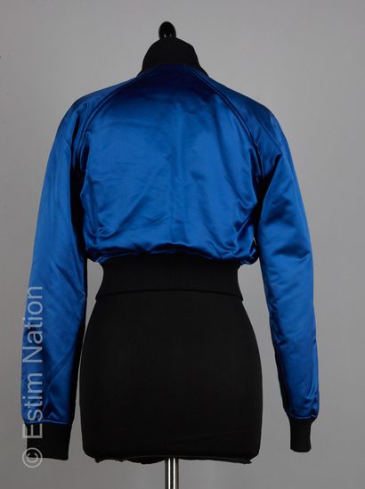 DOLCE & GABBANA Electric blue silk short blouse with black nylon ribbing, spotted...