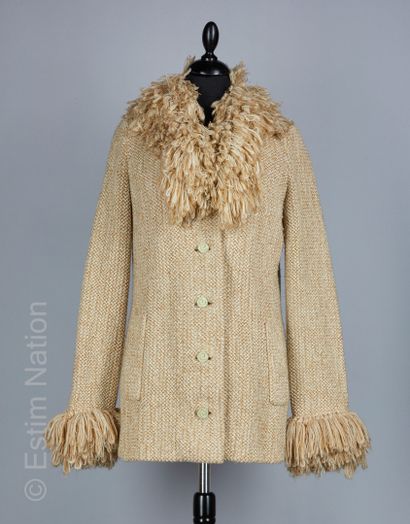 LES JERSEYS DE PIERRE CARDIN VESTE en épais tricot de laine beige et blanc, encolure...
