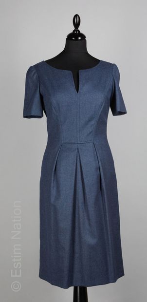 OSCAR DE LA RENTA ROBE en laine bleu orage, effet de plis creux sur la jupe (T 6...