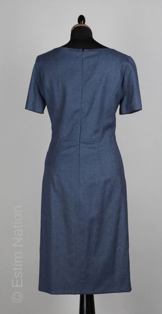 OSCAR DE LA RENTA ROBE en laine bleu orage, effet de plis creux sur la jupe (T 6...