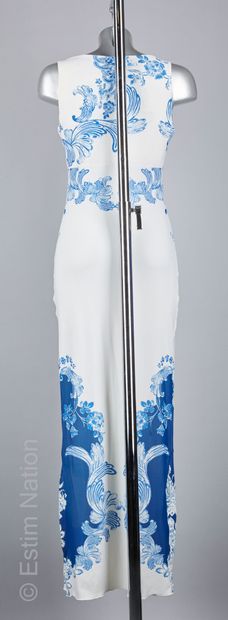 Roberto CAVALLI ROBE longue en jersey blanc imprimé d'un motif d'acanthes bleu sur...