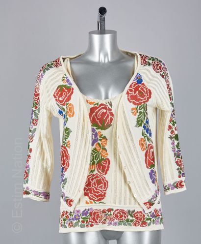 KENZO vintage TWIN-SET en tricot de coton ivoire façonné de frise d'inspiration autrichienne...