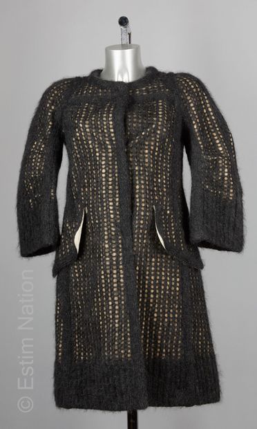 CELINE MANTEAU bi matière en soie mélangé champagne et mohair mélangé gris foncé,...