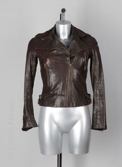 ALL SAINTS Chocolate aged leather PERFECTO, buckle tabs on the waist, zipped hips...