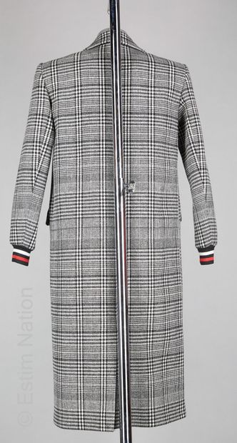 BASH LONG COAT in wool fashioned with black and beige checks, striped ribbed cuffs...