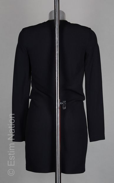 Alexander WANG MINI DRESS in black wool crepe, asymmetrical zipped neckline, buttoned...