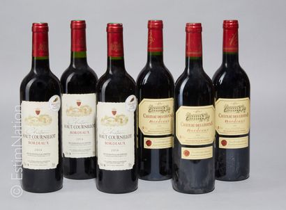 BORDEAUX 6 bouteilles : 3 Château Haut Cournillot 2014 Bordeaux, 3 Château des Léotins...
