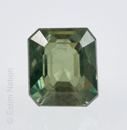 UN SAPHIR SUR PAPIER ET EXAMEN A green sapphire on paper of rectangular shape with...