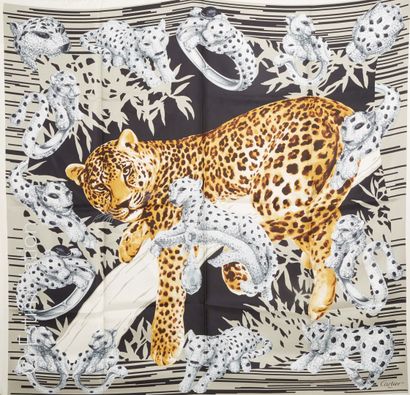CARTIER Silk twill square printed with jewels and panthers