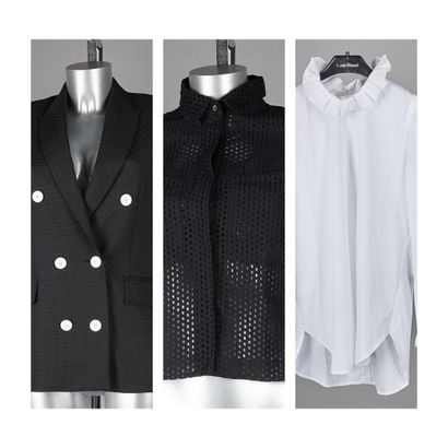 SANDRO BLAZER en laine et polyester noir à pois blancs (T 36), CHEMISETTE en macramé...