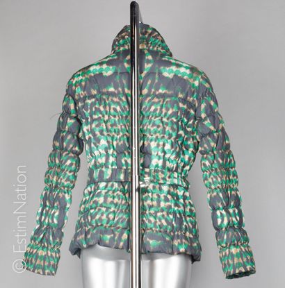 CLASS CAVALLI DUCK FEATHER COAT in black, green and tan spotted polyester, two pockets,...