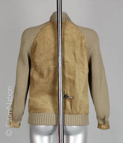 CELINE vintage BLOUSON en porc velours kaki et tricot de laine côtelé, deux poches,...