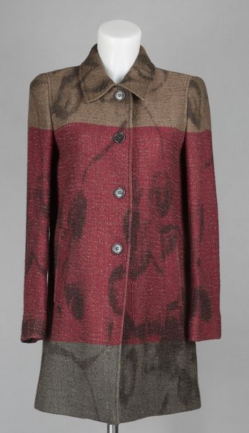 ETRO MANTEAU en laine taupe et chiné vieux rose, imprimé d'un motif floral abstrait,...