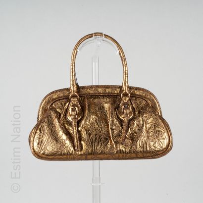 PRADA (2006) SMALL BAG in bronze metallic leather with floral design, two handles,...