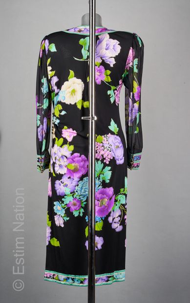 LEONARD vintage ROBE en jersey de soie mikado imprimée d'un motif floral sur fond...