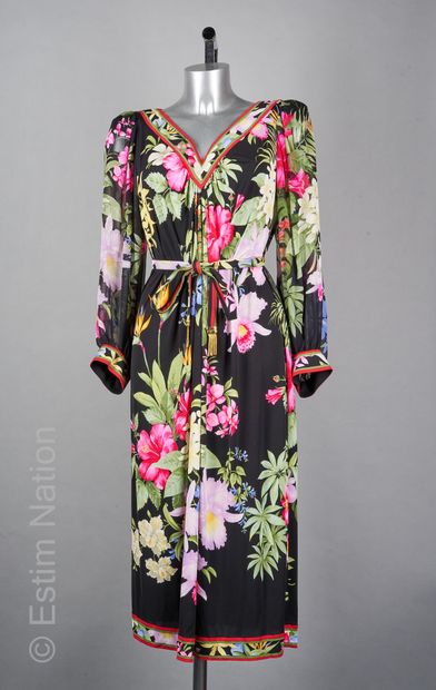 LEONARD vintage ROBE en jersey de soie mikado imprimée de fleurs sur fond noir, encolure...