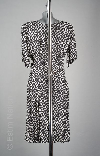 GUY LAROCHE BOUTIQUE SET in black viscose printed with white circles: tunic, partially...