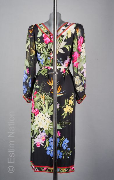 LEONARD vintage ROBE en jersey de soie mikado imprimée de fleurs sur fond noir, encolure...
