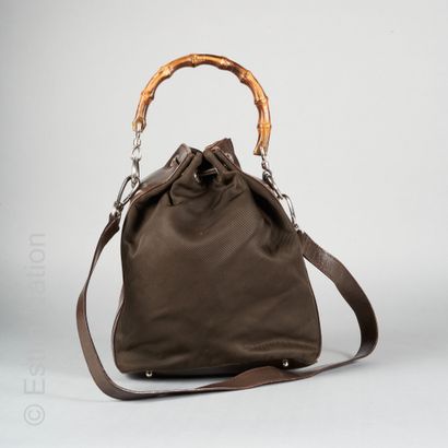 GUCCI SMALL BAG in chocolate glazed calfskin and khaki nylon, bamboo handles, removable...