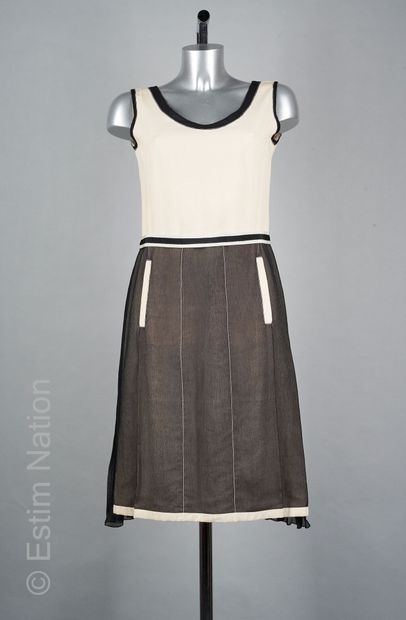 PRADA DRESS in beige linen, skirt enhanced with black silk chiffon pleated in the...