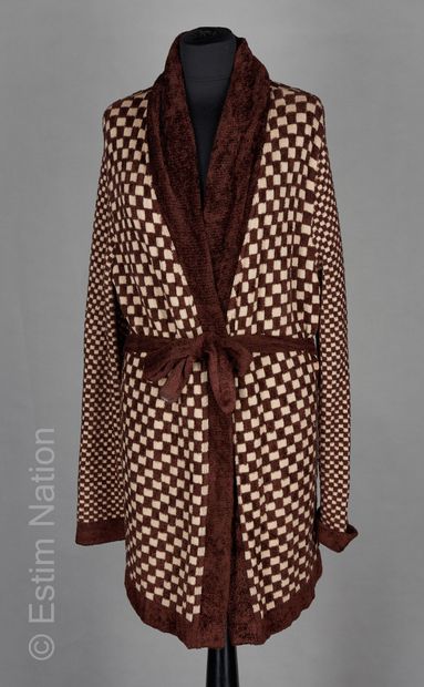 FENDI LONG GILET in virgin wool and chocolate and white rayon, belt (T 3)