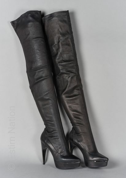 LANVIN Pair of black stretch lambskin wedges with chrome cutaway heels (P 37) (b...