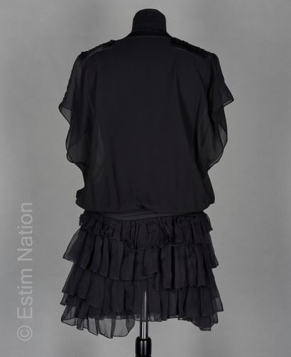 JAY AHR Dress in black chiffon and silk crepe, ruffled mini-skirt, reminder on the...
