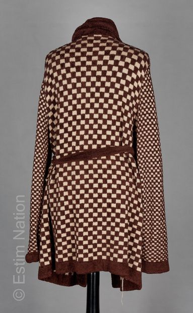 FENDI LONG GILET in virgin wool and chocolate and white rayon, belt (T 3)