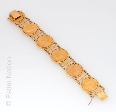 BRACELET OR JAUNE Bracelet en or jaune 18K (750 millièmes) orné de six pièces or...