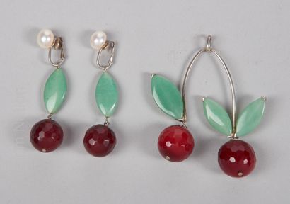 MAIA HALF SET in silver 925/°° decorated with cherries in faceted glass and jadeite-like...