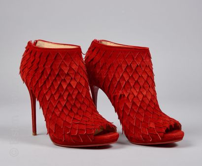 CHRISTIAN LOUBOUTIN Pair of open toe and heel shoes in red skin (P 38) (resealed)...
