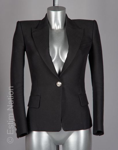BALMAIN PAR OLIVIER ROUSTEING Jacket in black woven wool, notched collar, fitted...