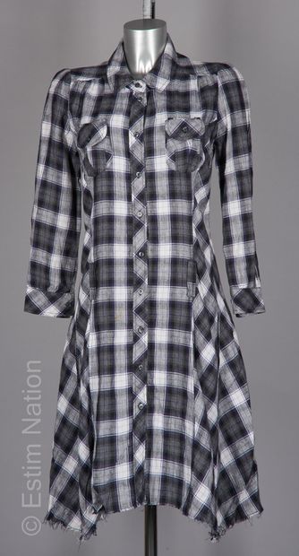 ISABEL MARANT Checked linen dress in grey, blue and white tones, frayed bottom (T...