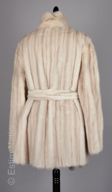 ANONYME VINTAGE 3/4 length mink coat, high collar, hook, double belt with mink tails...